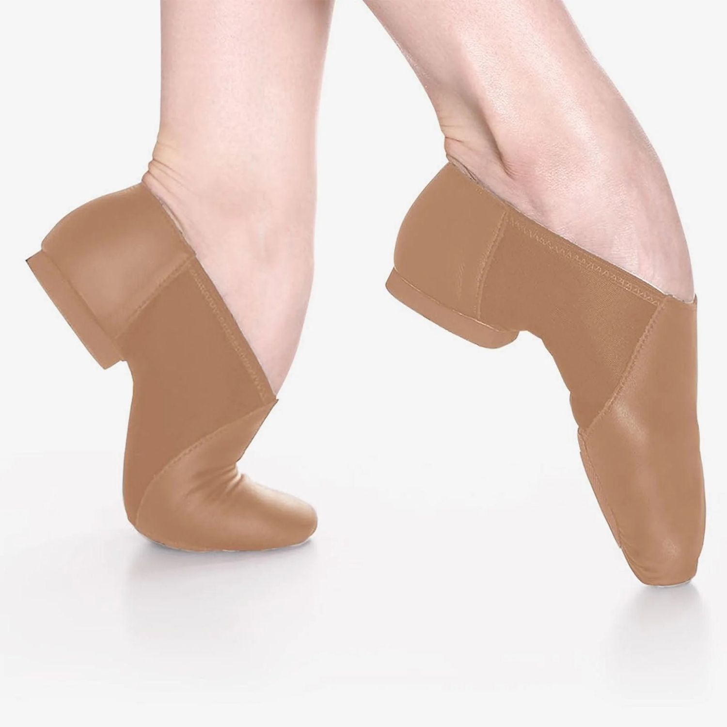 Jazzschuhe aus Leder mit Stretcheinsatz und geteilter Chromledersohle und Gummiabsatz Caramel
