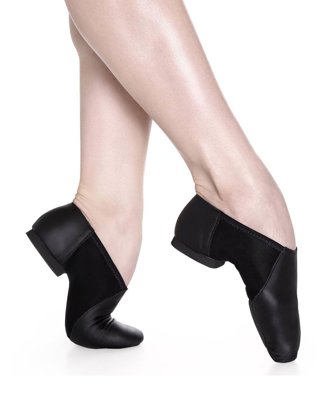 Jazzschuhe aus Leder mit Stretcheinsatz und geteilter Chromledersohle und Gummiabsatz schwarz