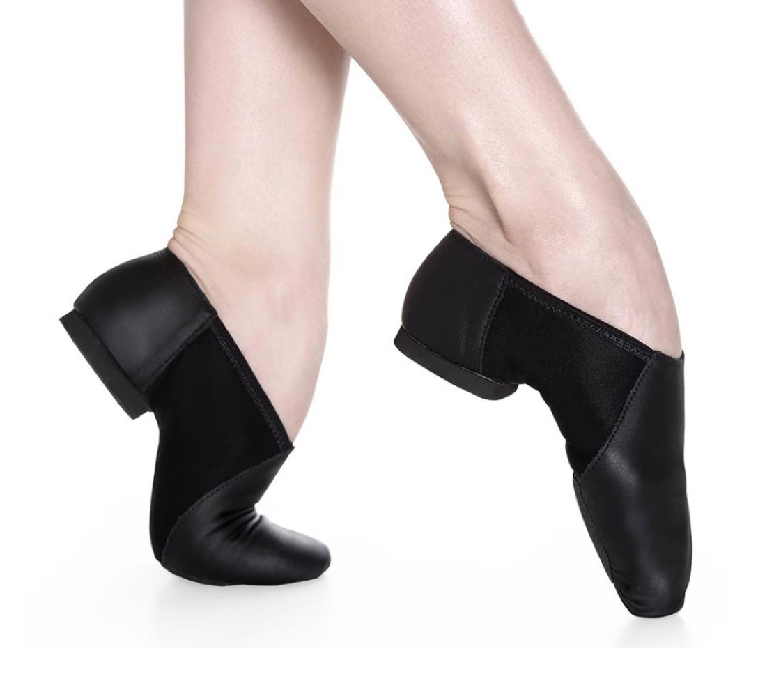 Jazzschuhe aus Leder mit Stretcheinsatz und geteilter Gummisohle schwarz