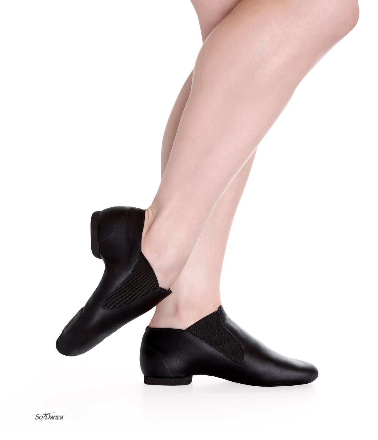 Jazzschuhe aus Leder mit Gummizug und geteilter Gummisohle schwarz 